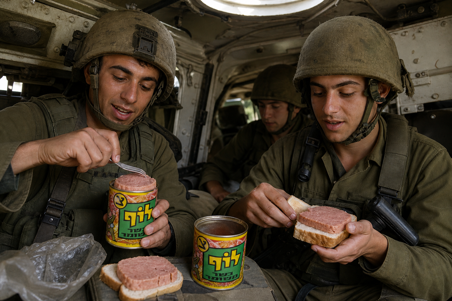 חיילים בנגמ״ש עם קופסאות לוף מקוריות ואוכלים על לחם אחיד