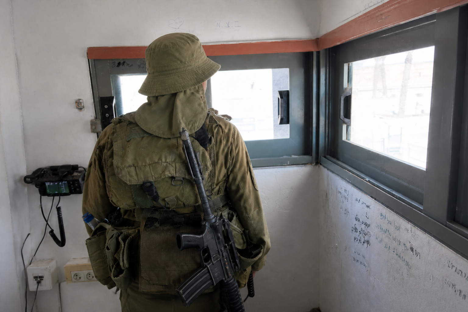 סופי בעמדת שמירה — אפוד כבד וכובע רפאל עם מגן עורף