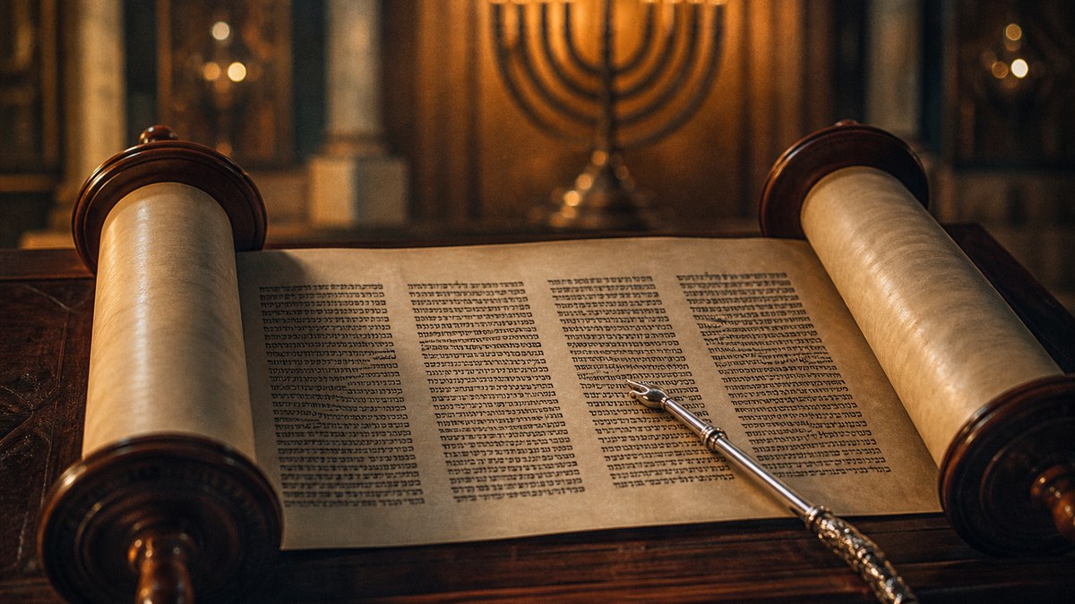 ספר תורה פתוח ויד כסף על דוכן עץ