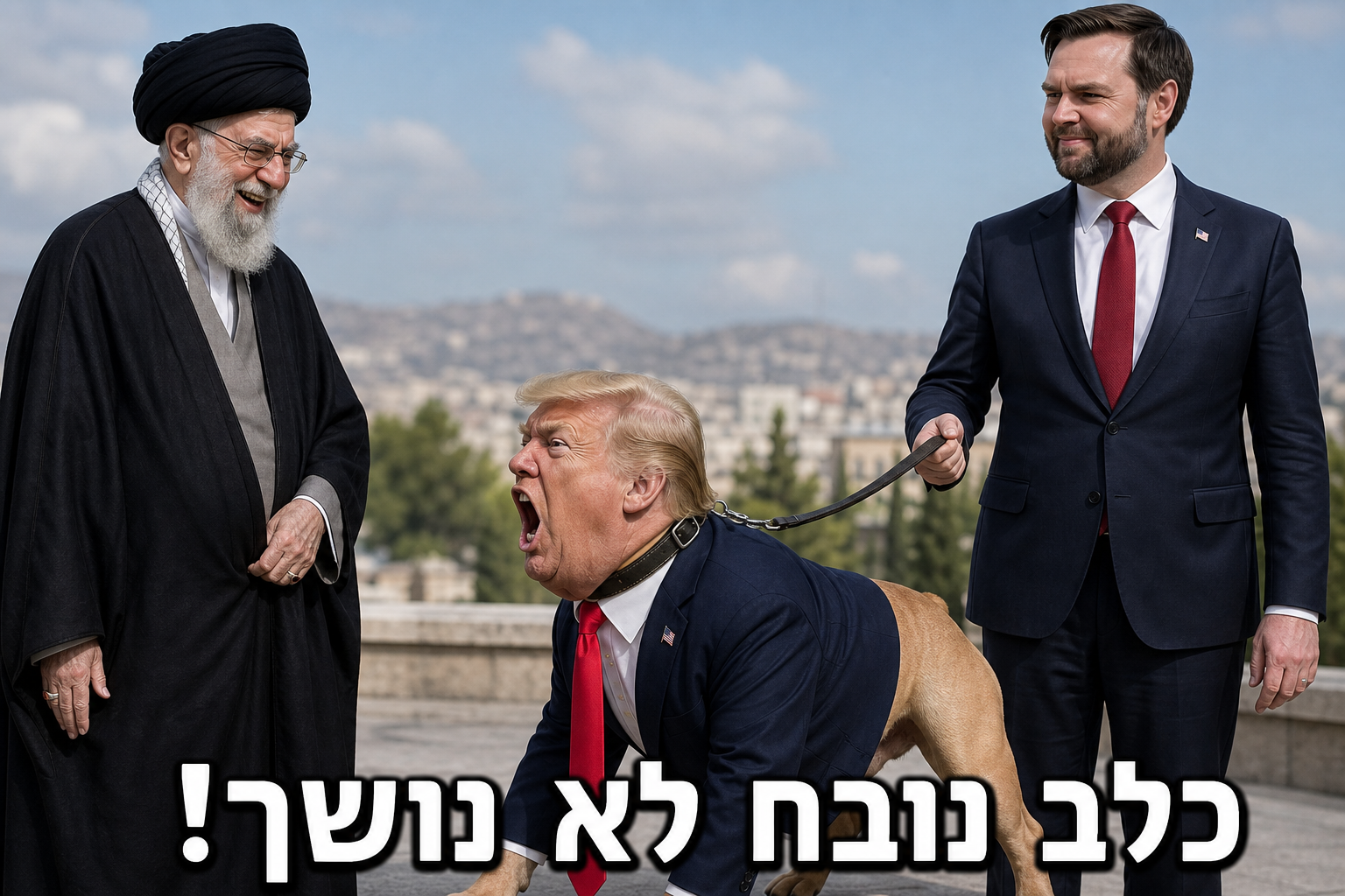 איור סאטירי: הכלאה אדם–כלב עם פני טראמפ ברצועה, נובח על ח׳אמנאי שצוחק